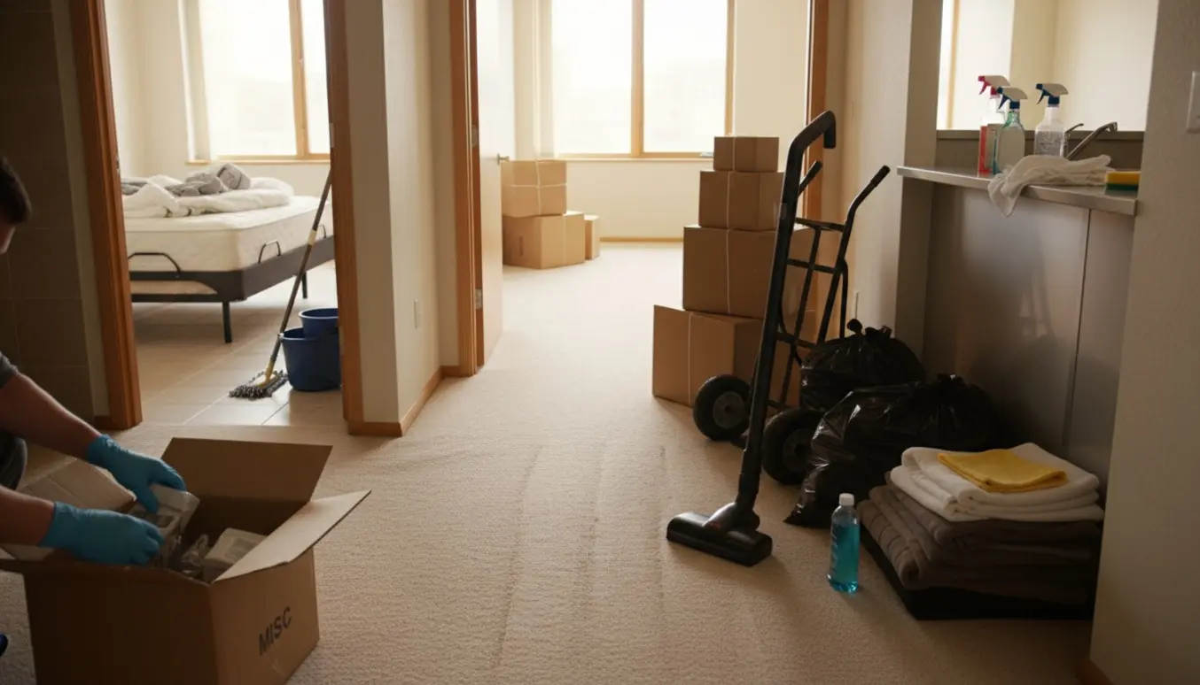 Rydning og slutrengøring af lejlighed med flyttekasser, rengøringsudstyr og en dobbel elevationsseng.