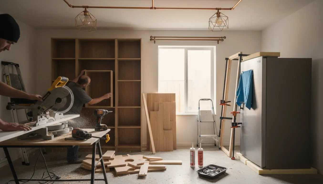 Håndværker i køkken monterer tilskårne lister og hylder med synlige kobberrør til loftlamper, ansigt ikke synligt.