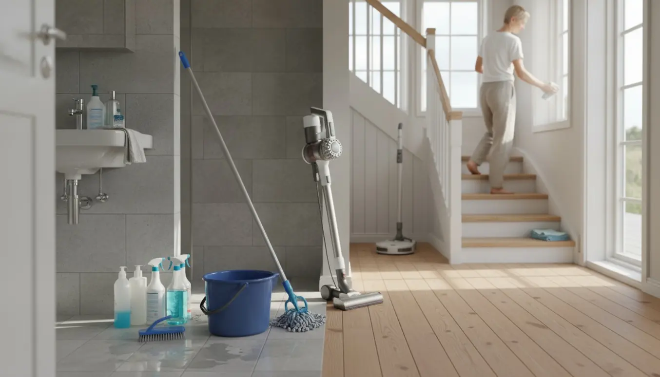 Solbelyst sommerhusinteriør med rengøringsmidler, støvsugere og trappe under rengøring.