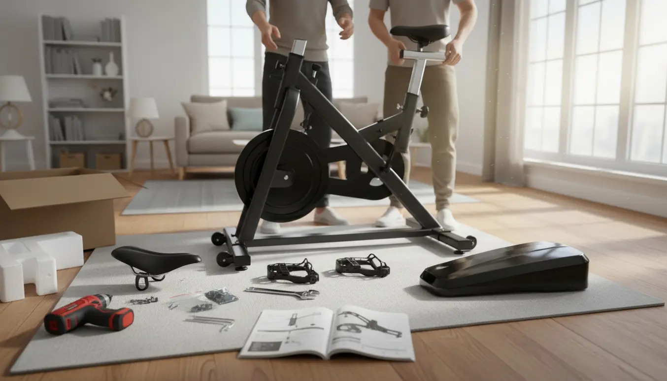 To personer samler en tung motionscykel i et lyst rum, med dele og værktøj lagt klar på en beskyttende måtte.