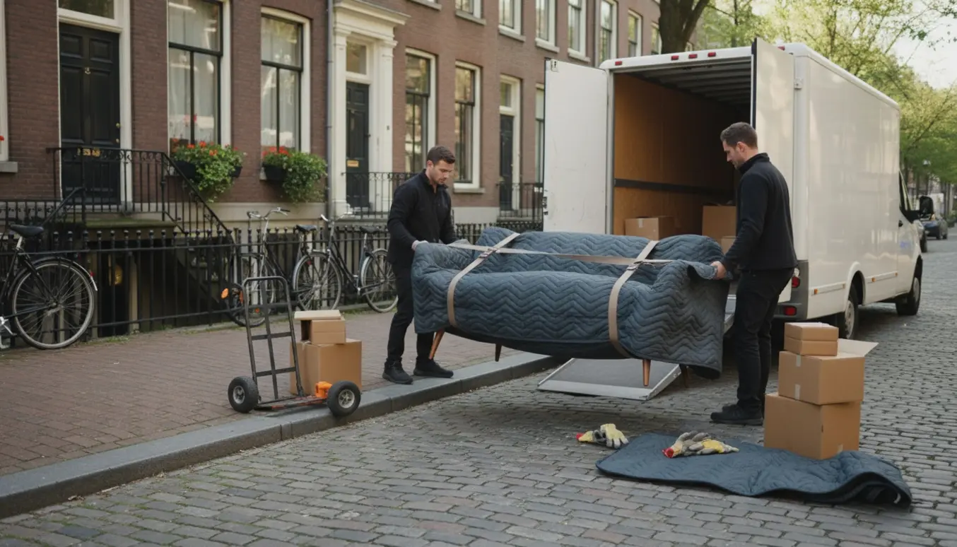 Flyttefolk læsser en indpakket sofa ind i en flyttevogn foran en københavnsk opgang.