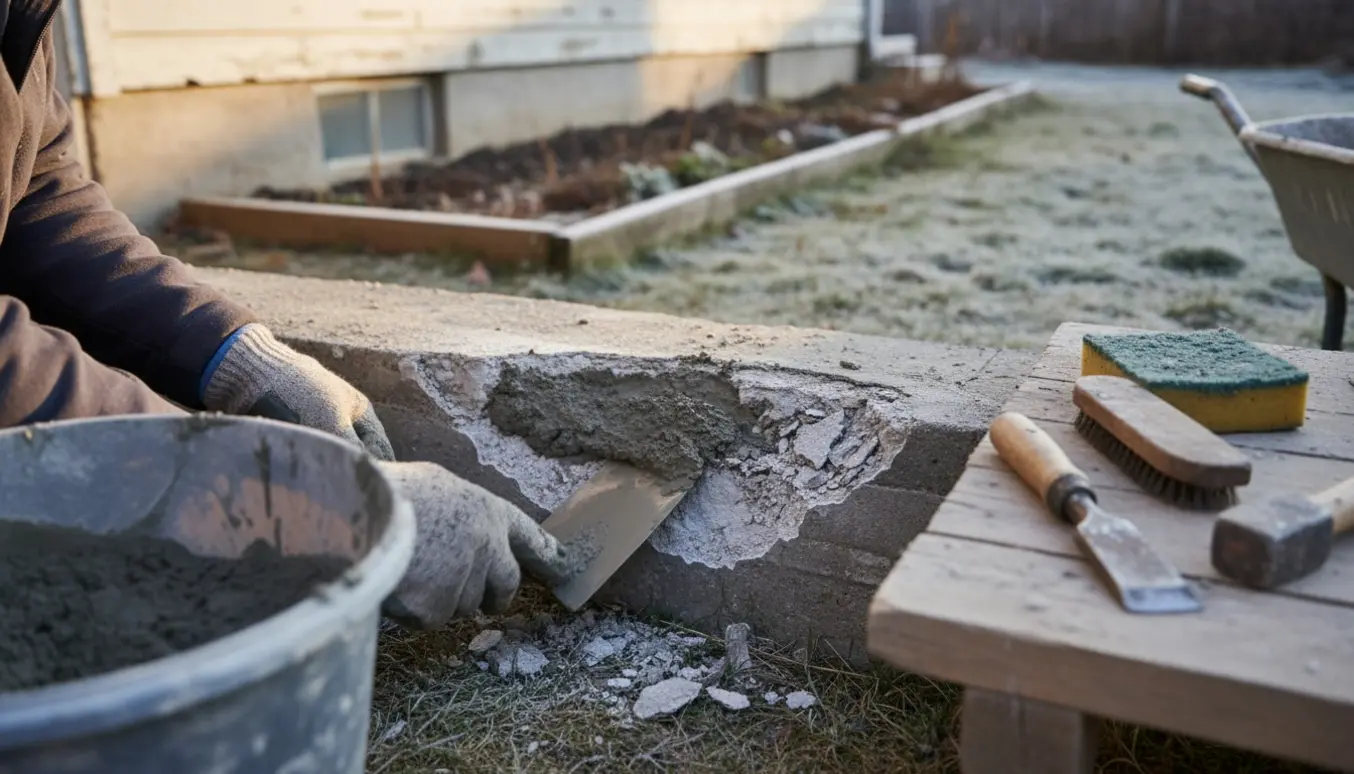 Nærbillede af reparation af husets sokkel med mørtel og murske efter frostskader.