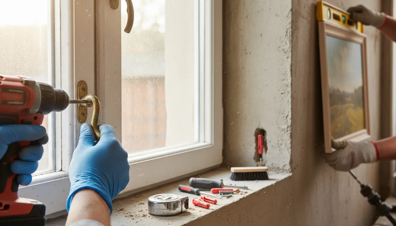 Nærbillede af handskerede hænder, der monterer en stormkrog i en vinduesramme, mens et maleri hænges op i en betonvæg.