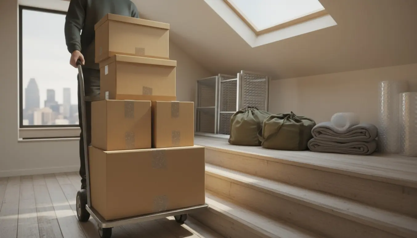 Flyttekasser, en let metalreol og en dolly ved en åben loftslem med dagslys.