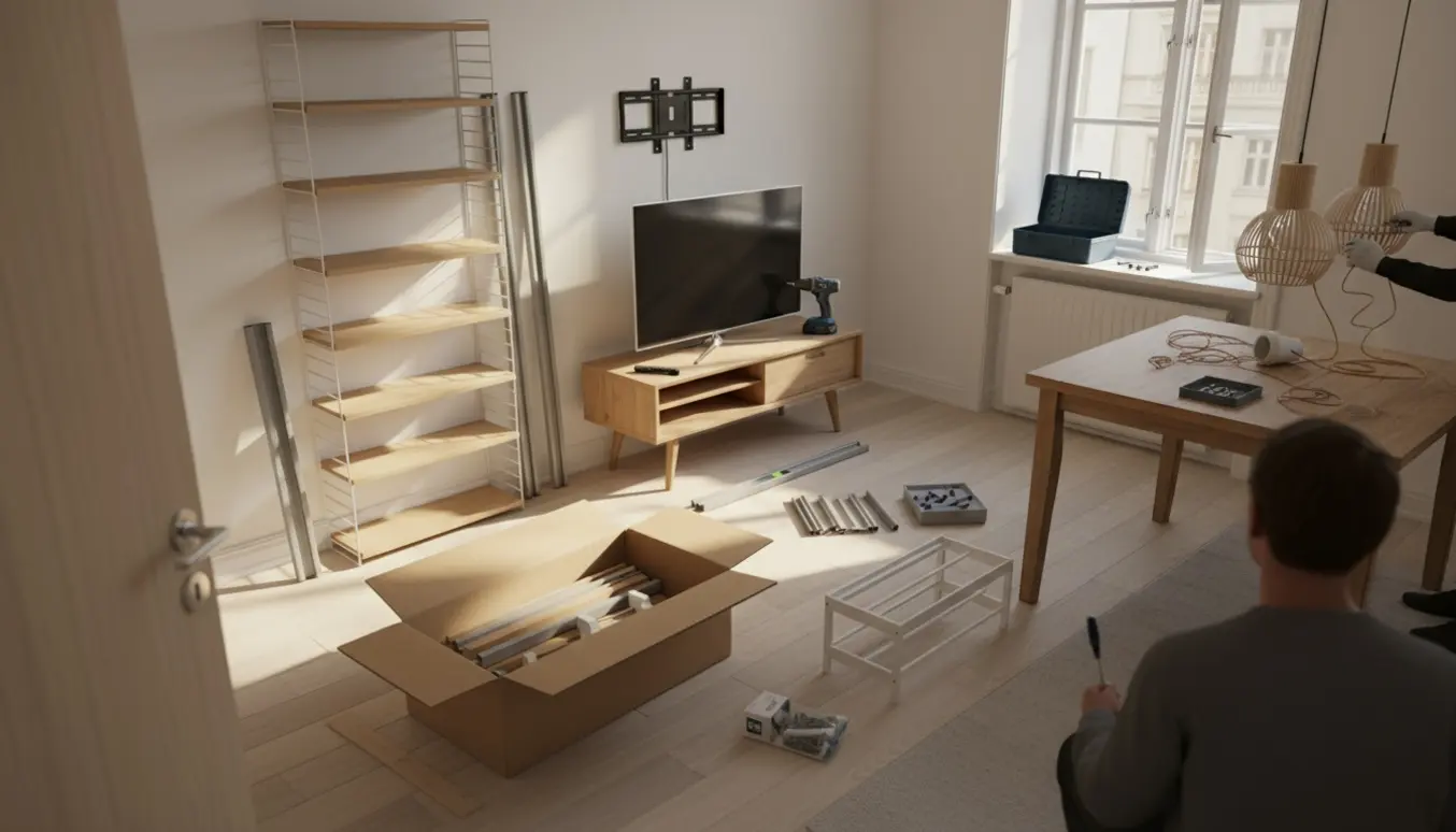 Hyggelig lejlighed midt i gør-det-selv-arbejde med reoldele, TV-ophæng, lamper, vinduesbeslag og værktøj klar til montering.