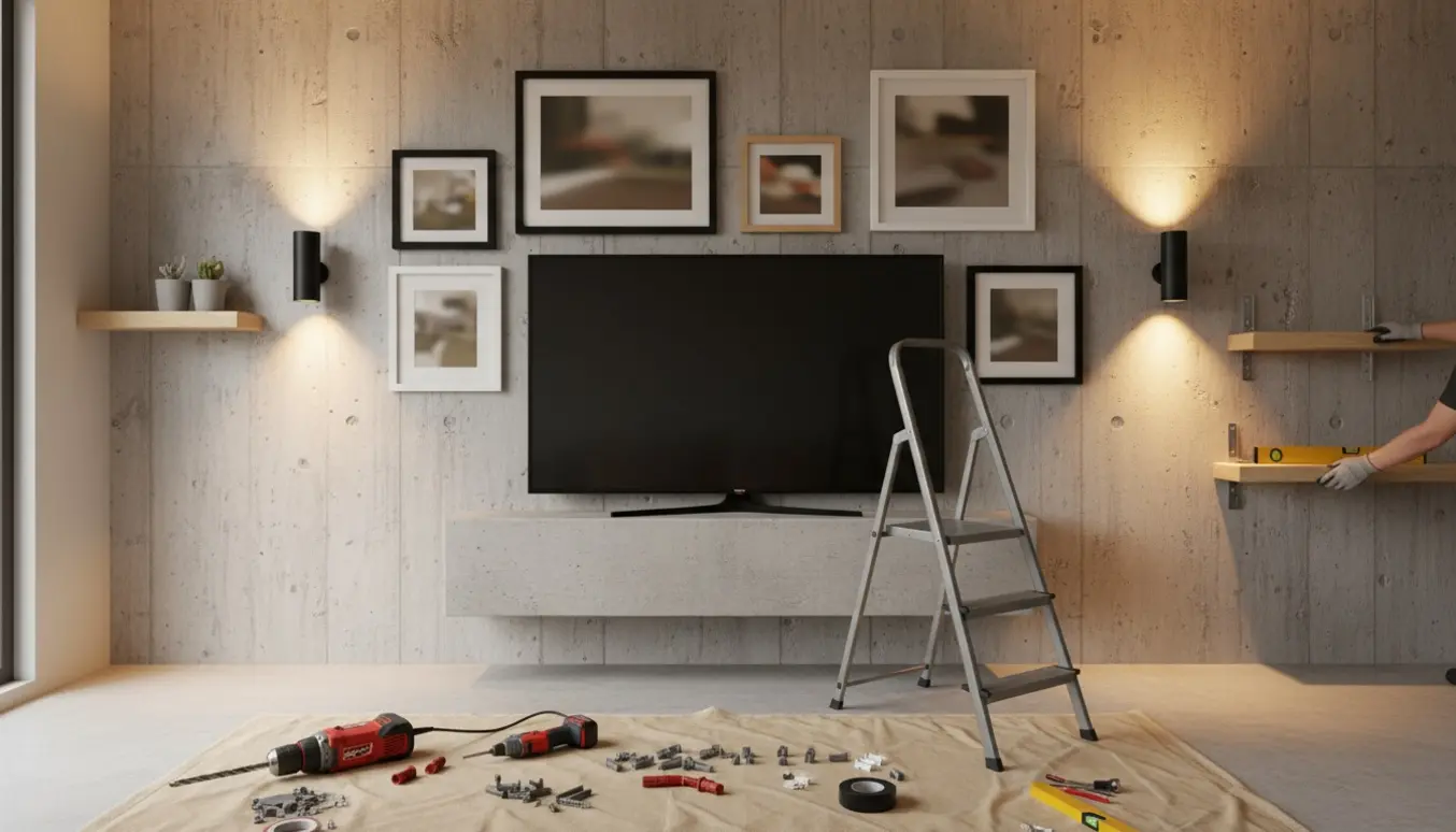 55 tommer TV monteret på betonvæg med to små reoler, fem tændte lamper og ophængte billeder, værktøj i forgrunden.