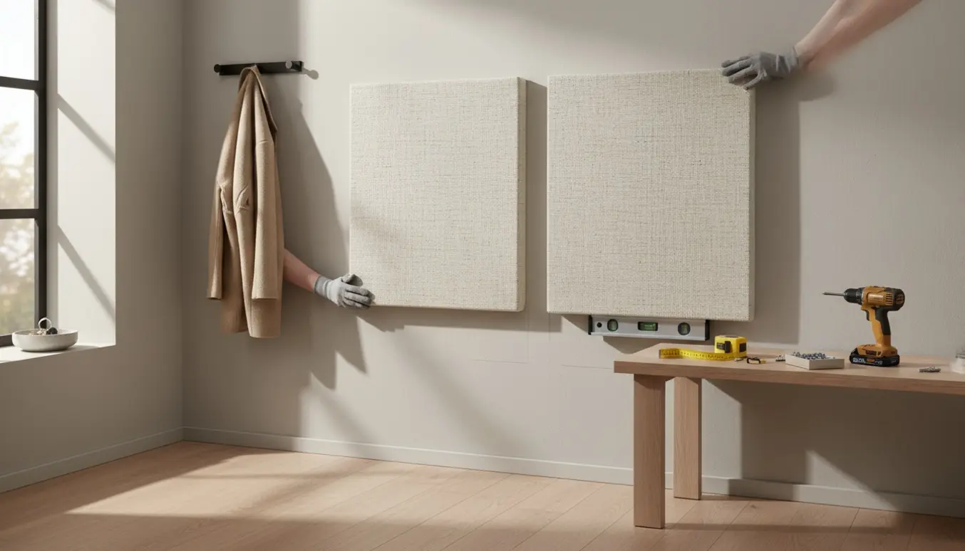 Hænder monterer to stofbeklædte akustikpaneler i en lille entré med værktøj og vaterpas.