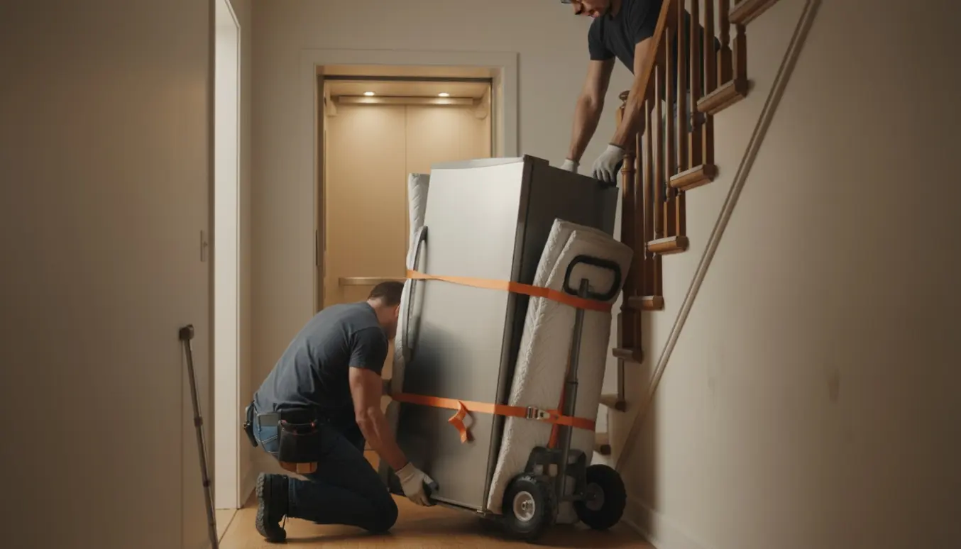 Flyttefolk bærer et smalt køleskab op ad en trappe med elevator i baggrunden.