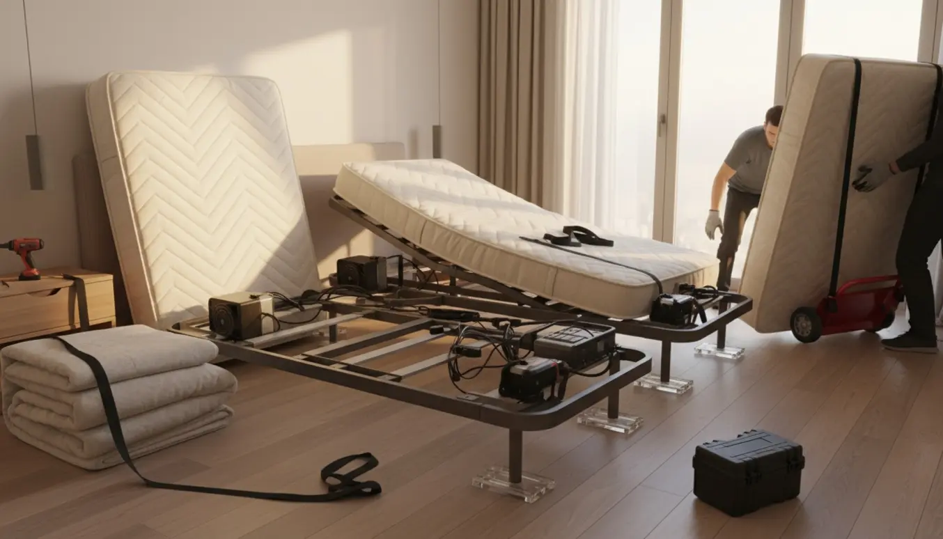 To personer ombytter to elevationsenge i et lyst, moderne soveværelse med madrasser og sengebunde i færd med at blive flyttet.