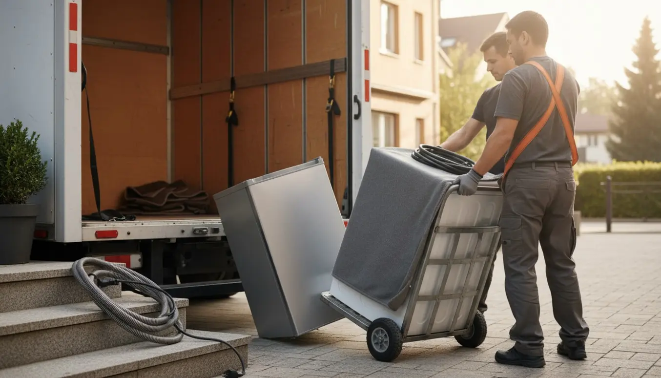 Et lille køleskab og en vaskemaskine bliver læsset på en flyttevogn med dolly og flyttetæpper.