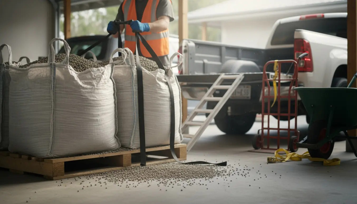 To fyldte big-bags med grus i en carport ved siden af en varebil, klar til afhentning.