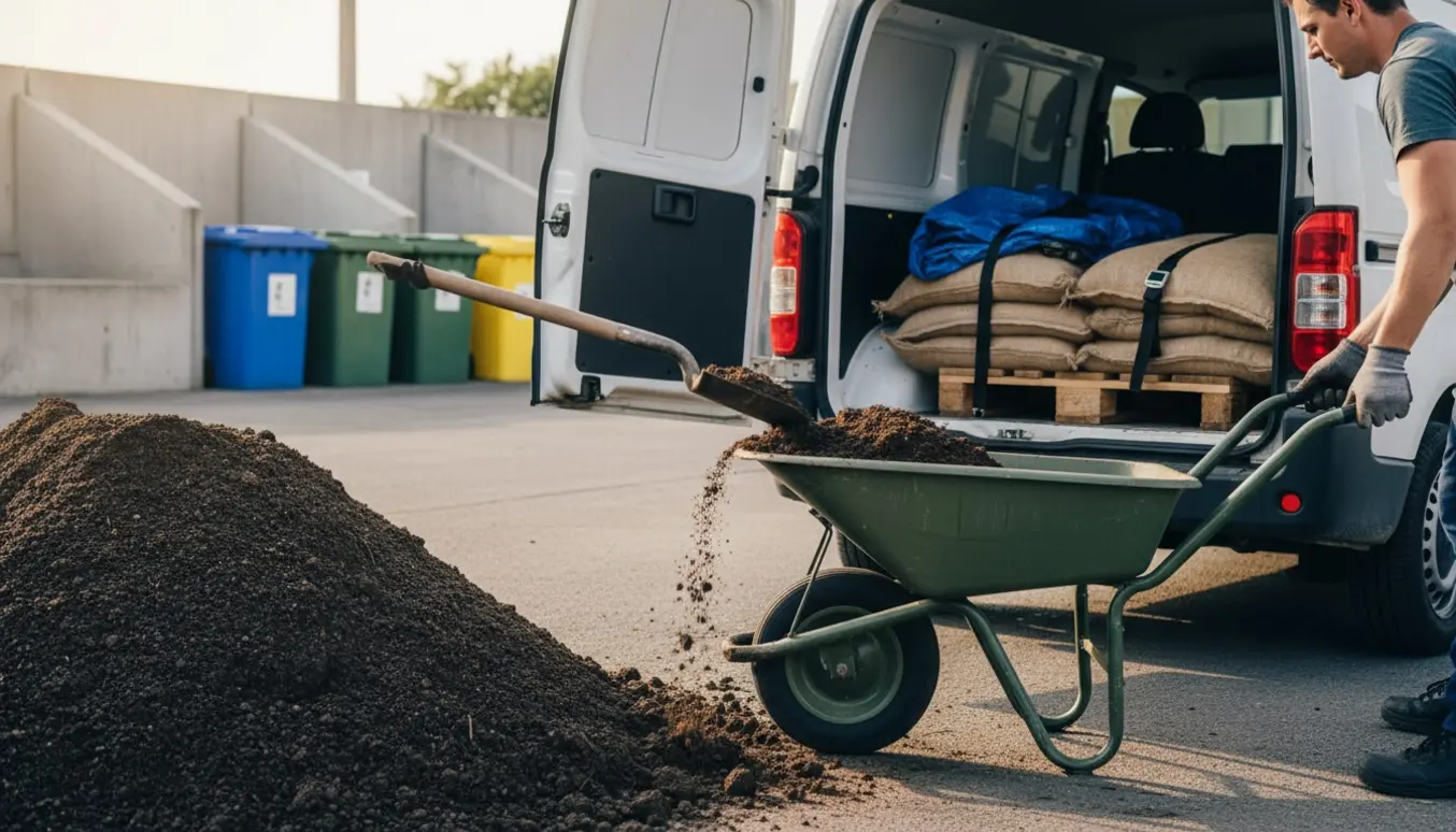 Åben varevogn ved et sorteringsanlæg, hvor jord bliver skovlet og læsset i en trillebør.