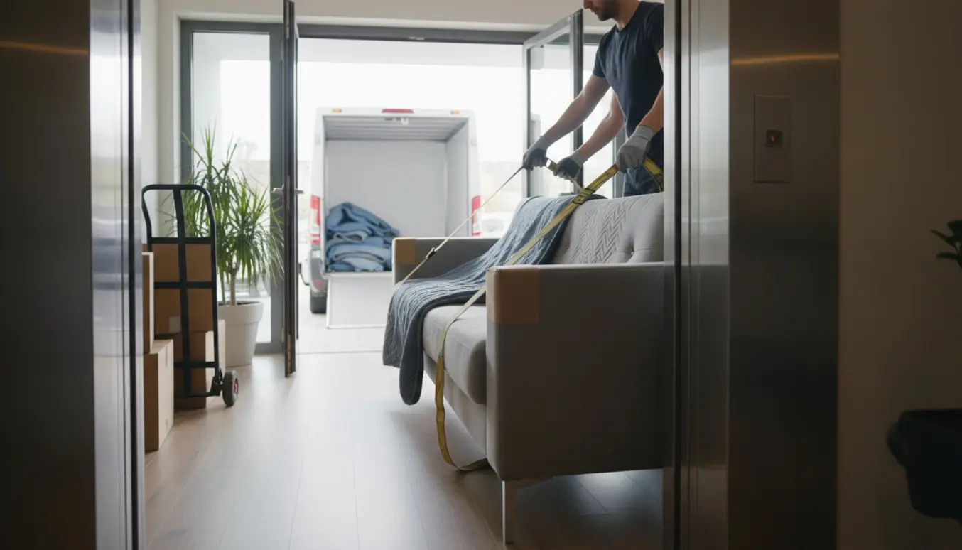 To personer bærer en stor sofa ind i en elevator ved afhentning, beskyttet af flyttetæpper og stropper.