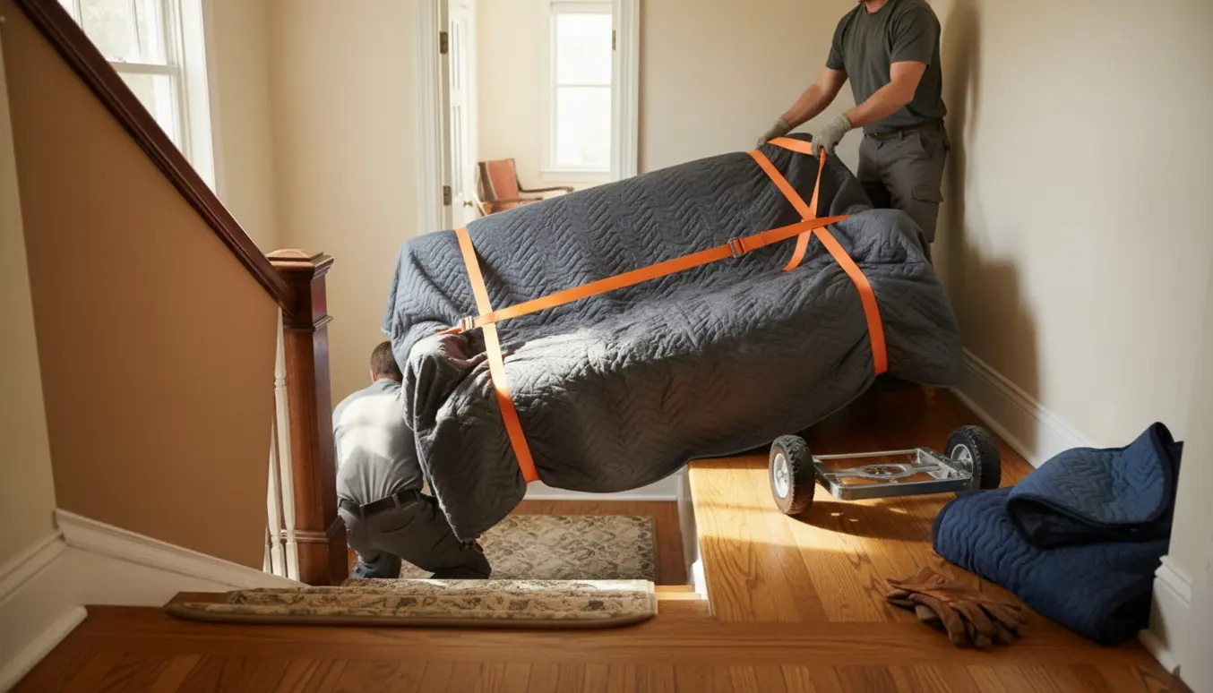 To personer løfter en sofa op ad en trætrappe med beskyttelsesdyne og løftestropper, ansigter ikke synlige.