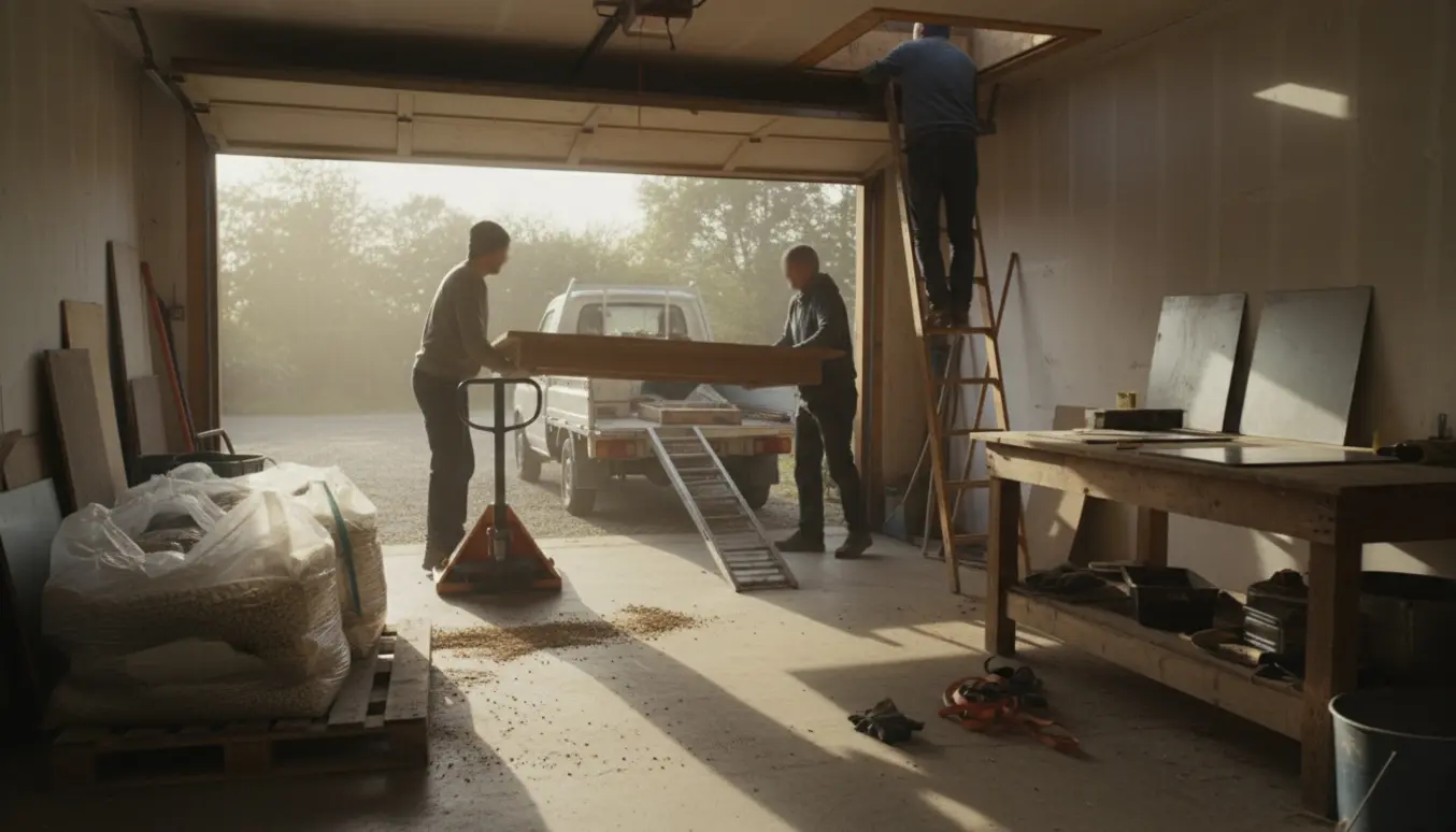 Personer læsser bordplade, paller og indpakkede grusposer i en trailer ved et åbent loftrum.