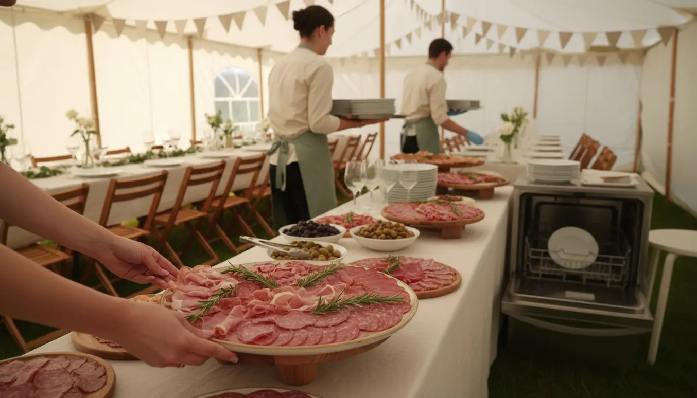 Servering og oprydning i et have-telt til konfirmation med buffet, servere og en åben opvaskemaskine.