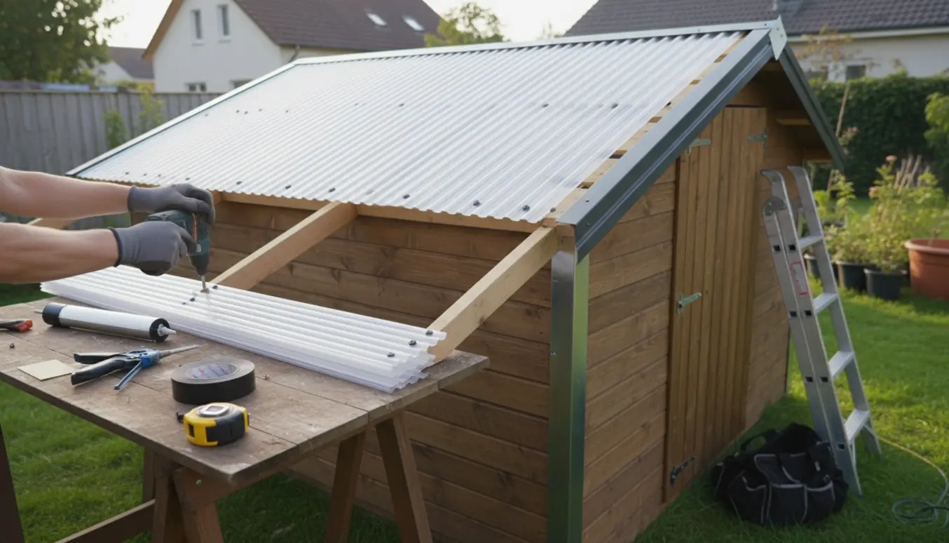 Et lille træskur får nyt tag af hvide PVC-plader, med værktøj og handsker i arbejde.