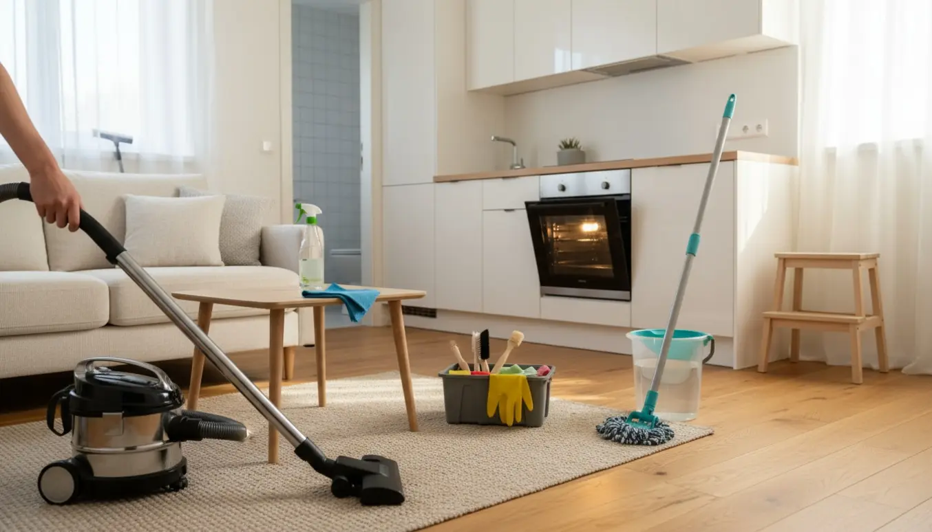 Lyse lejlighedsrum under rengøring med støvsuger, moppe og klud på køkkenbordet.