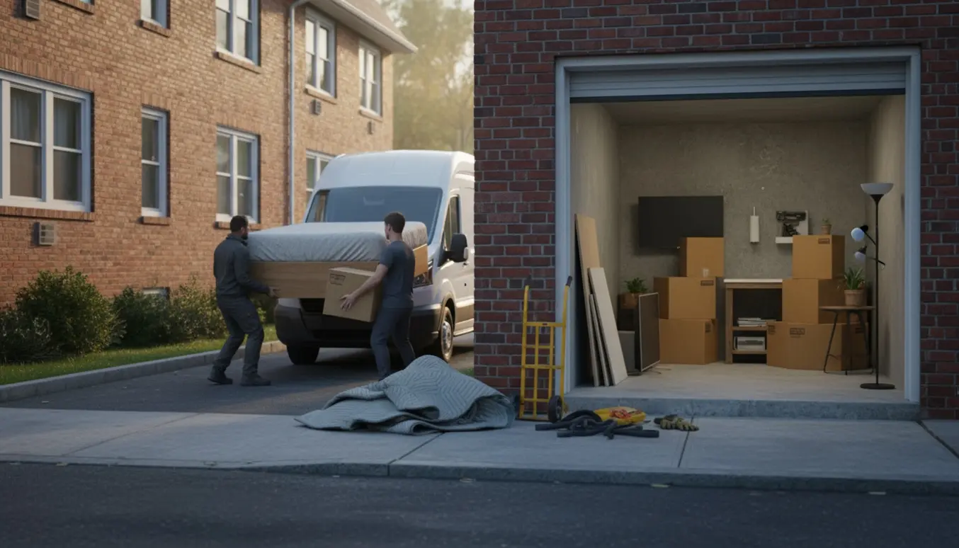 Flyttefolk løfter en 140x200 seng ind i en flyttevogn foran en lejlighed med åbent kælderrum og pakkede kasser i forgrunden.