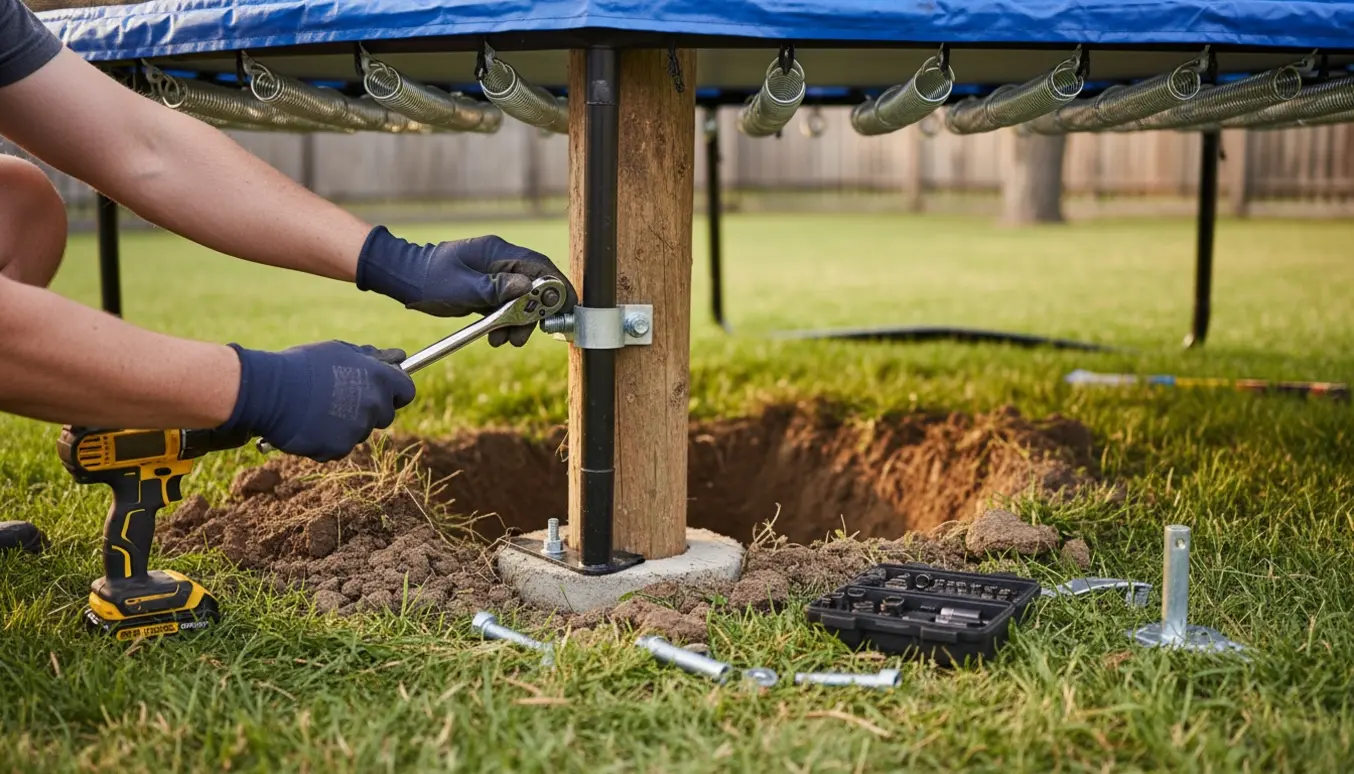 Hænder spænder en løs stolpe under en nedgravet trampolin i en baghave.
