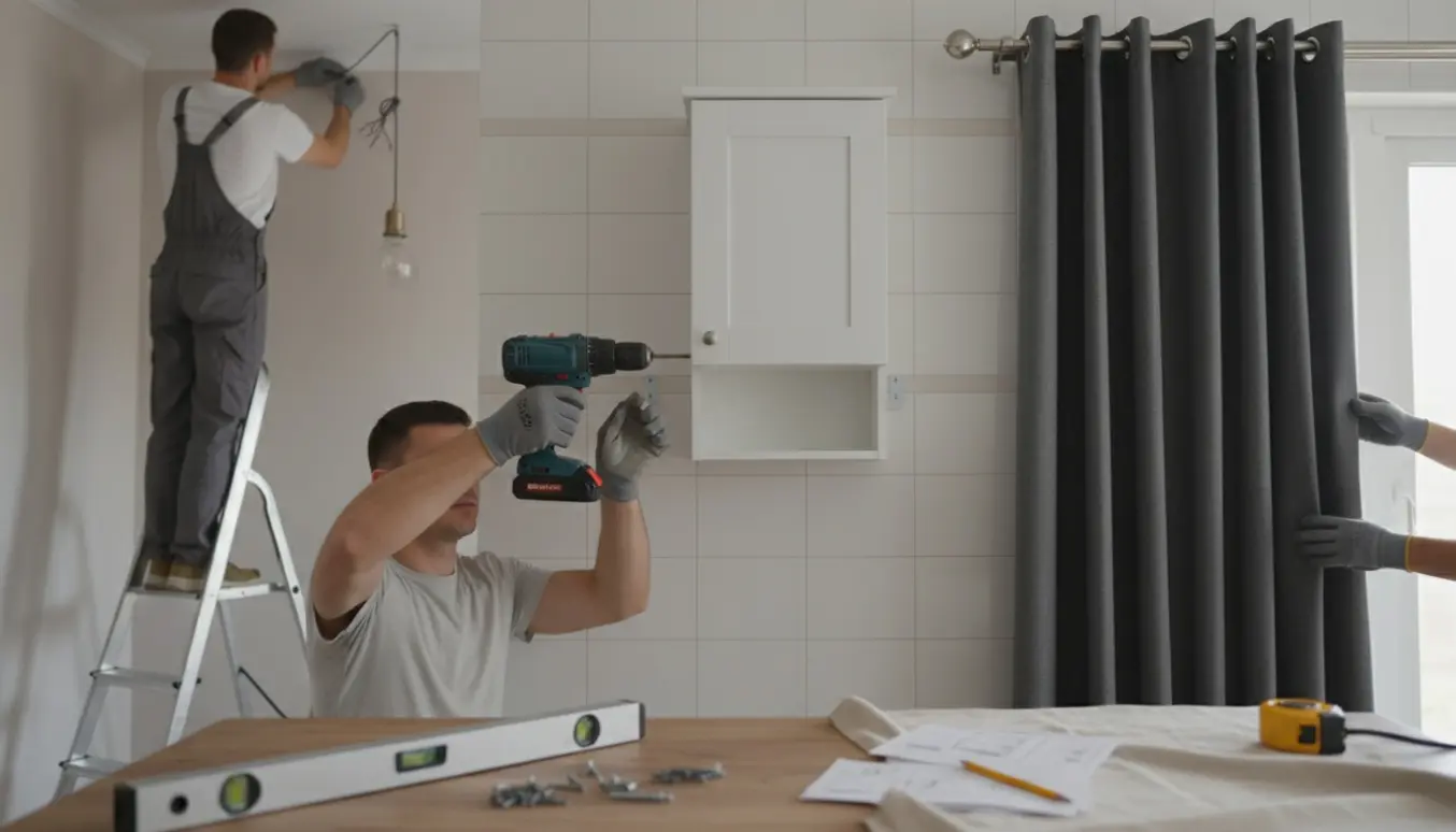 Hænder monterer et badeværelsesskab med boremaskine, mens en lampe og mørklægningsgardin er ved at blive sat op.