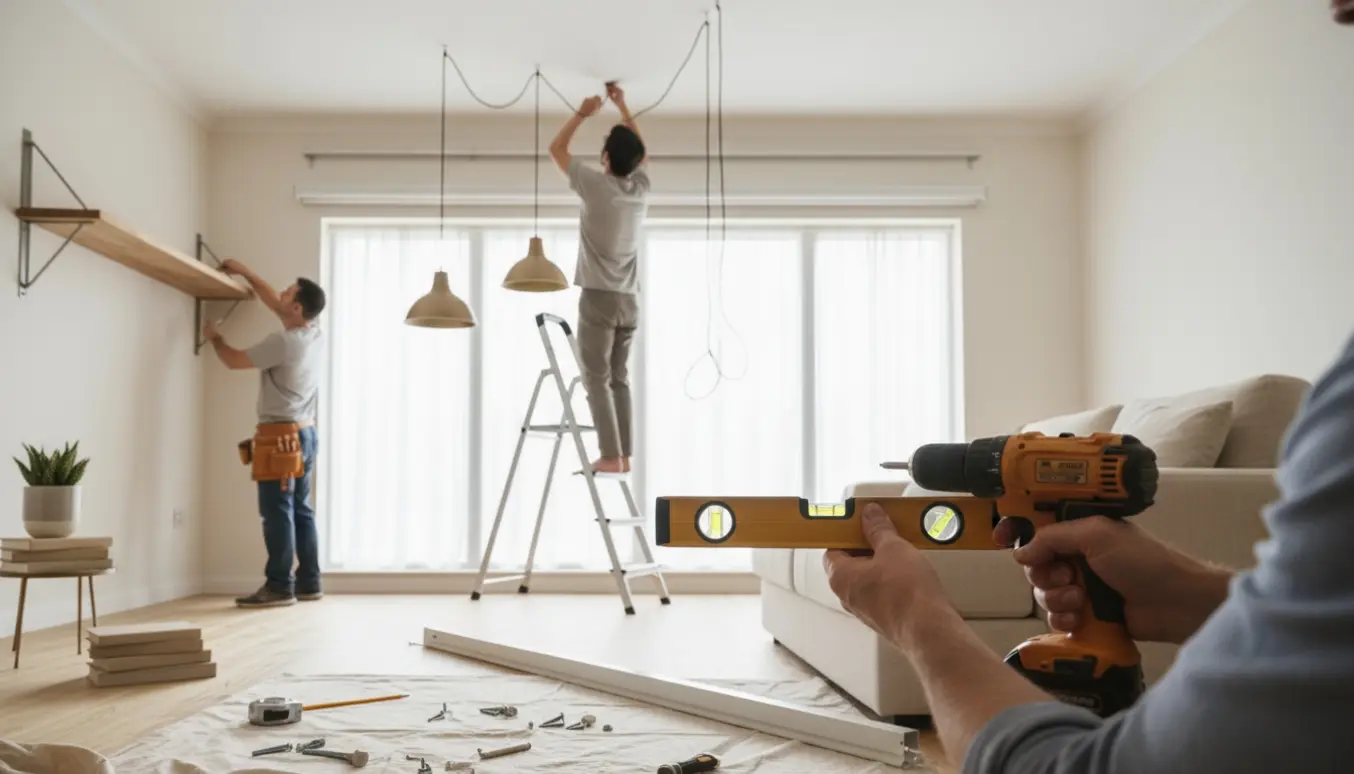 Håndværker monterer fire gardinskinner, to lamper og en hylde i en lys stue.