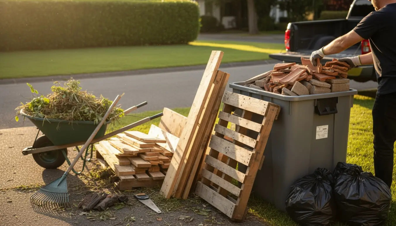 Haveaffald, paller, fliser og træplader stablet ved indkørsel klar til bortskaffelse.