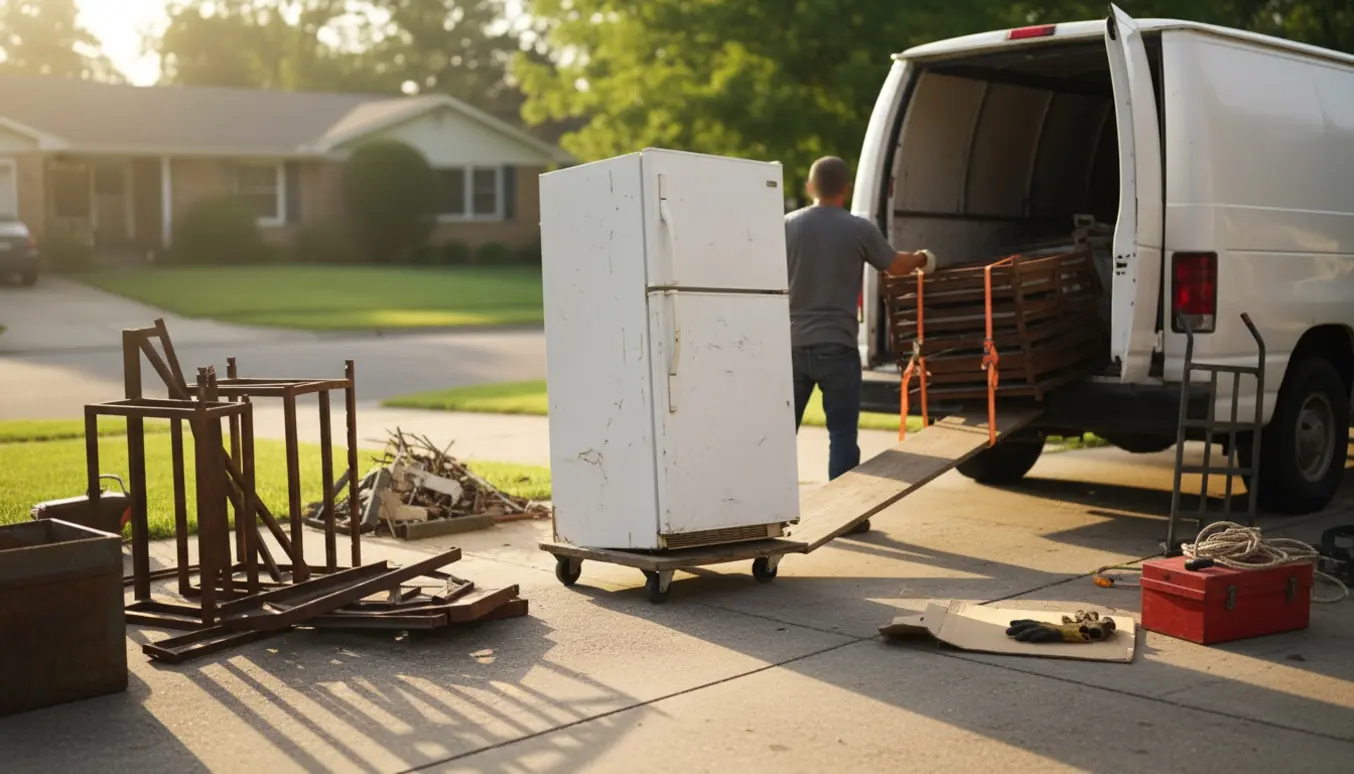 Gamle jernreoler og et ældre køleskab læsses på en varebil i en indkørsel.