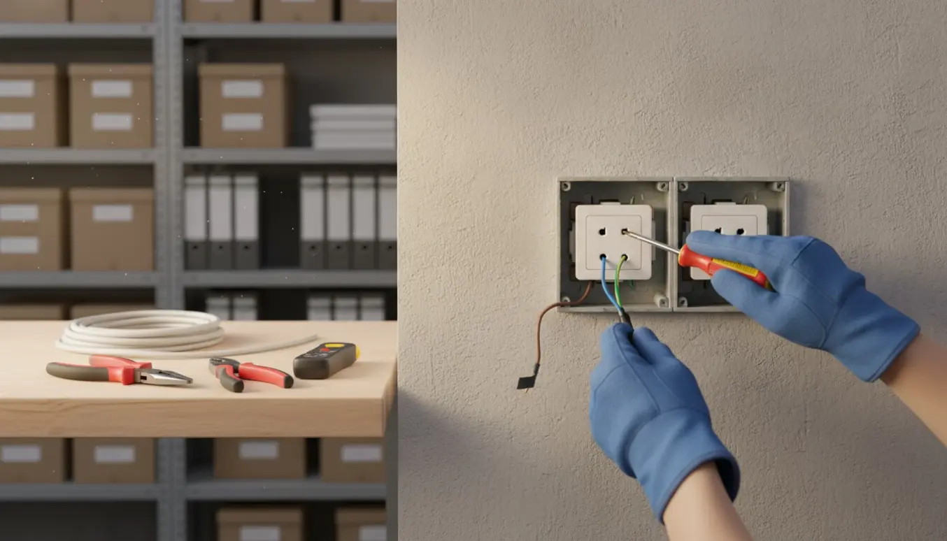 Nærbillede af hænder, der monterer en stikkontakt i et arkivrum.