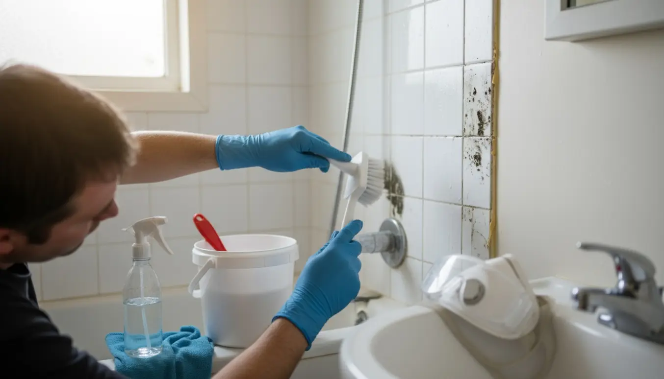 Nærbillede af hænder i beskyttelsesudstyr, der skrubber skimmelsvamp væk fra fliser og fuge i et lille badeværelse.