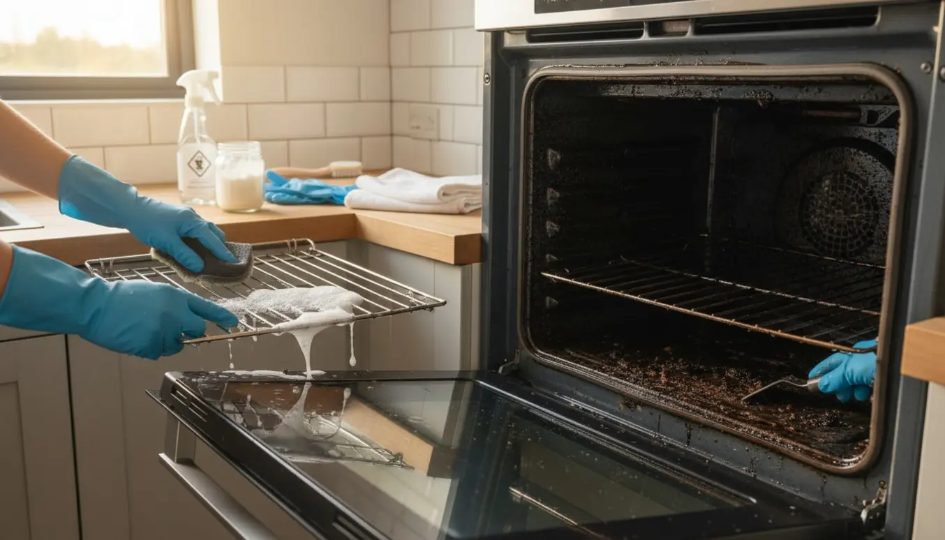 Gummihandsker skraber fastbrændt fedt ud af en åben ovn i et lyst køkken.