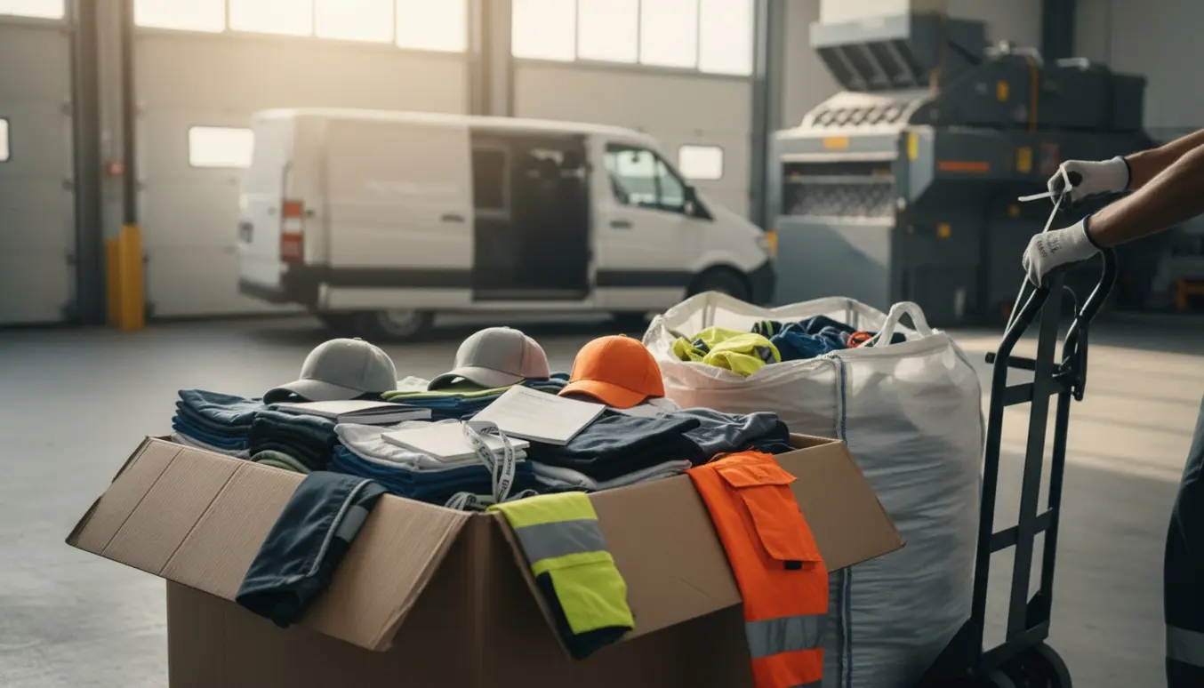 Åben papkasse med forskellige reklameartikler og rester af arbejdstøj klar til afhentning og destruktion ved en varevogn.