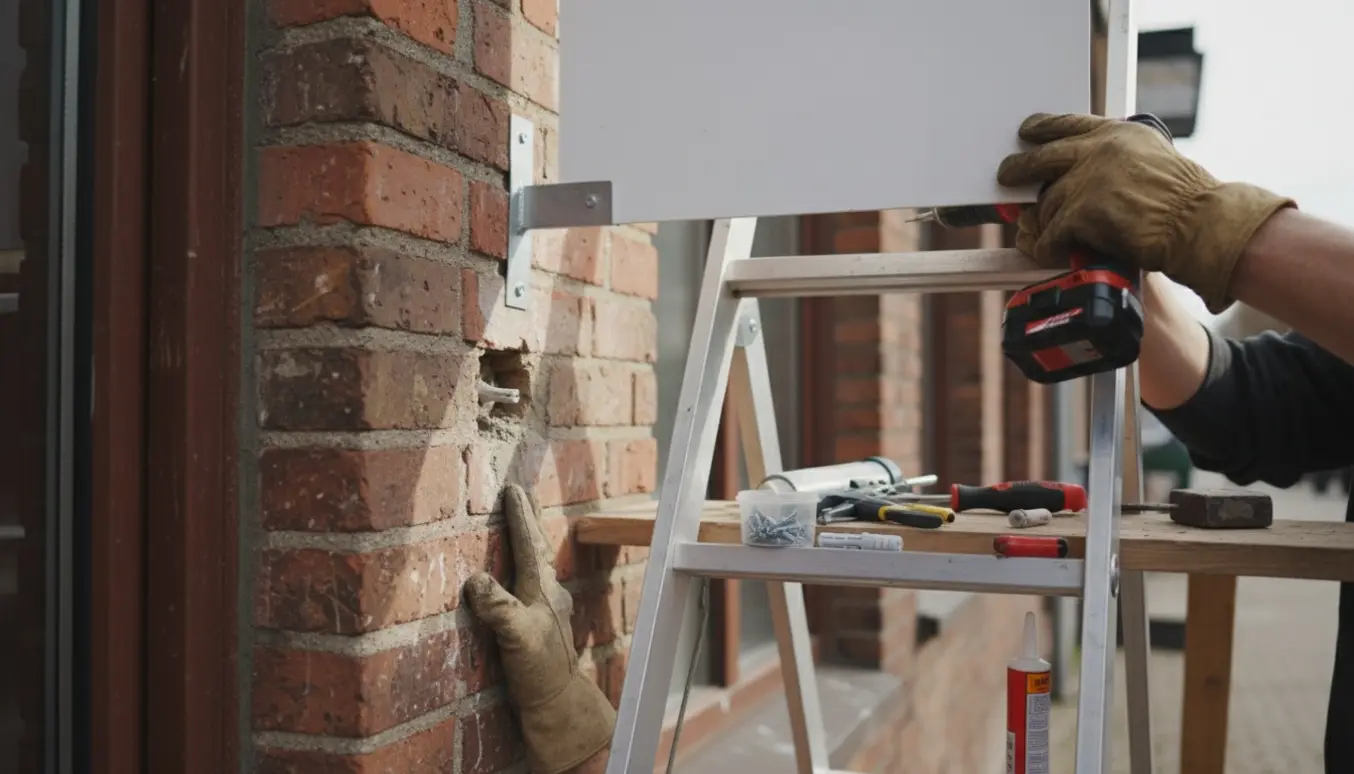 Nærbillede af hænder på stige, der skruefester en beslag og hænger et tomt skilt op på en mur med værktøj og fuge ved siden af.