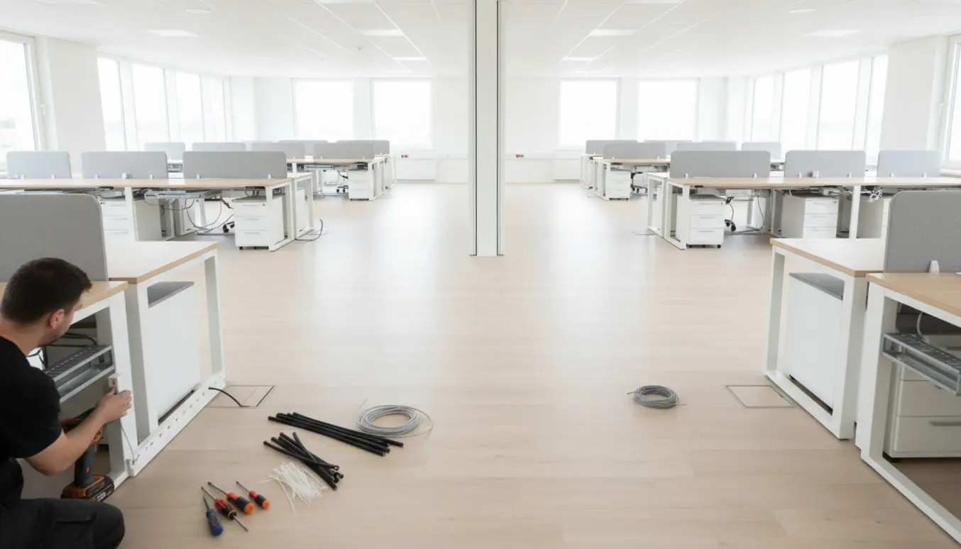 Tekniker skjuler og organiserer kabler under skriveborde i to lyse kontorlokaler.