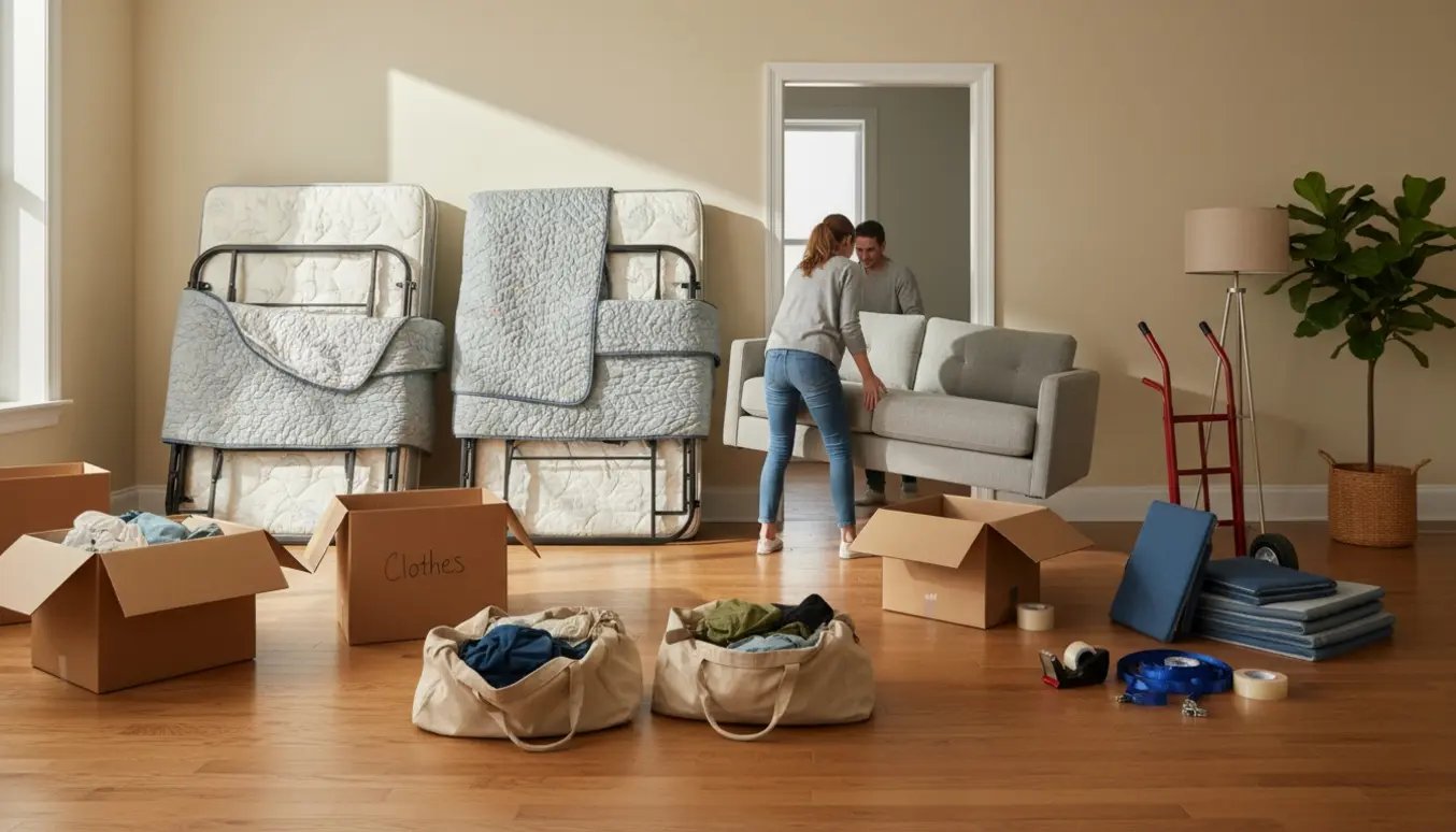 Soloplyst lejlighed under en mindre flytning med to madrasser, en sofa og kasser fyldt med tøj.