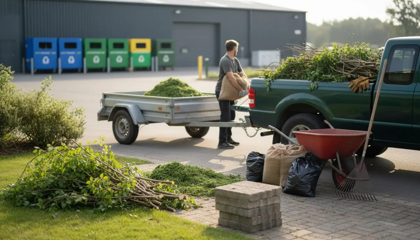 Haveaffald, fliser og sække jord bliver læsset i en åben ladbil på en indkørsel.