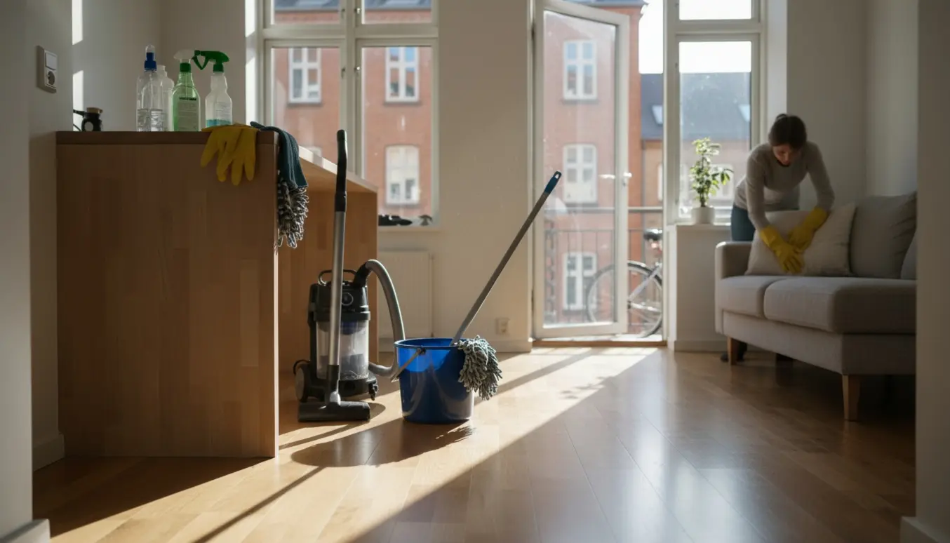 Hænder gør rent i en lille Nørrebro-lejlighed med gulvvask, støvsuger og rengøringsudstyr i naturligt morgenlys.