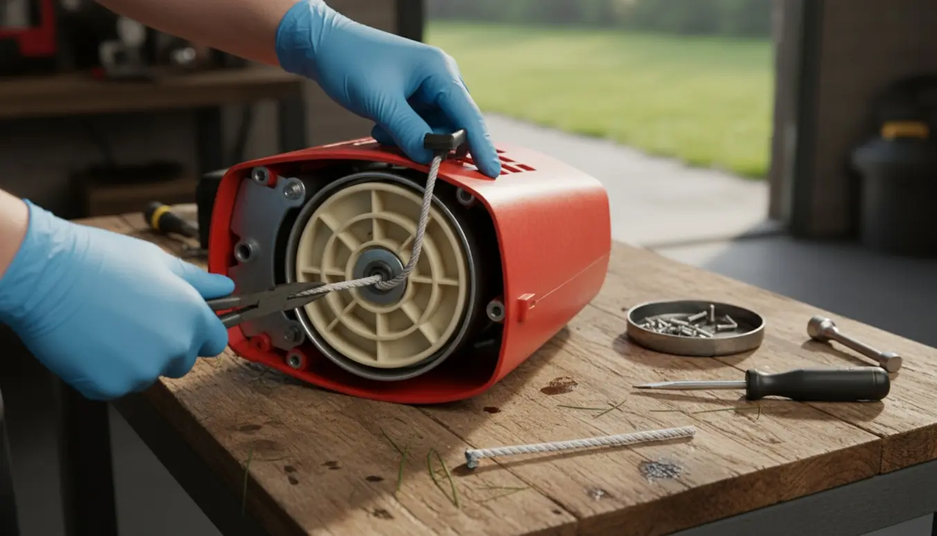 Hænder udskifter en slidt startsnor på en græsklipper med åbent motorhus og værktøj i nærheden.