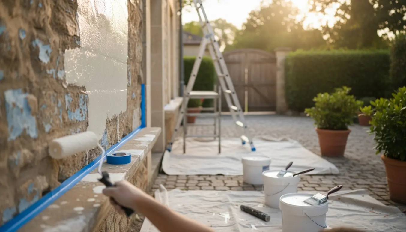 Udvendig maling af ældre mur i en gårdhave med rulle, spande og afdækningsmateriale.