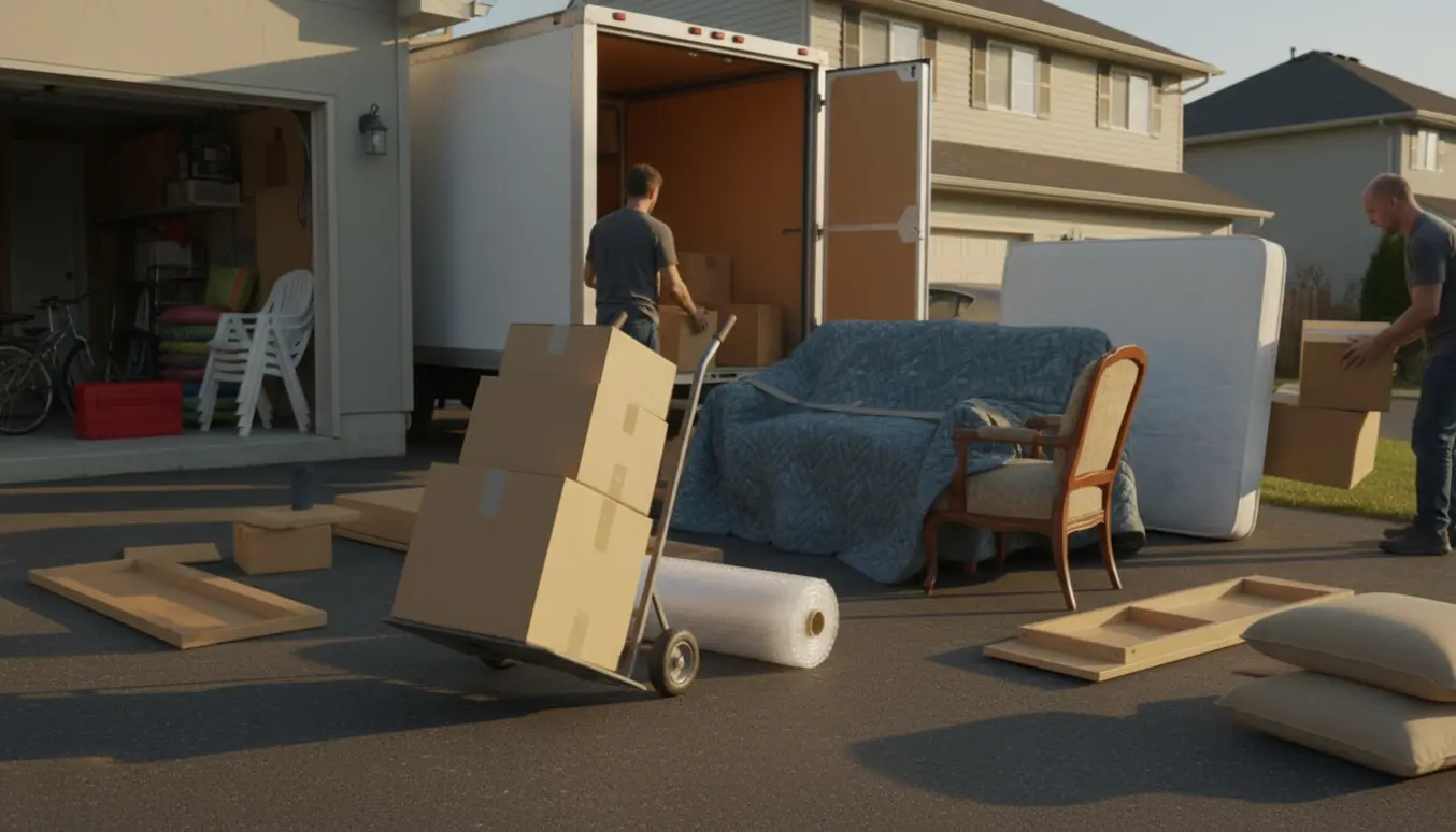 Flyttebil og håndvogn med stabler af flyttekasser og møbler beskyttet med tæpper ved husets indgang.