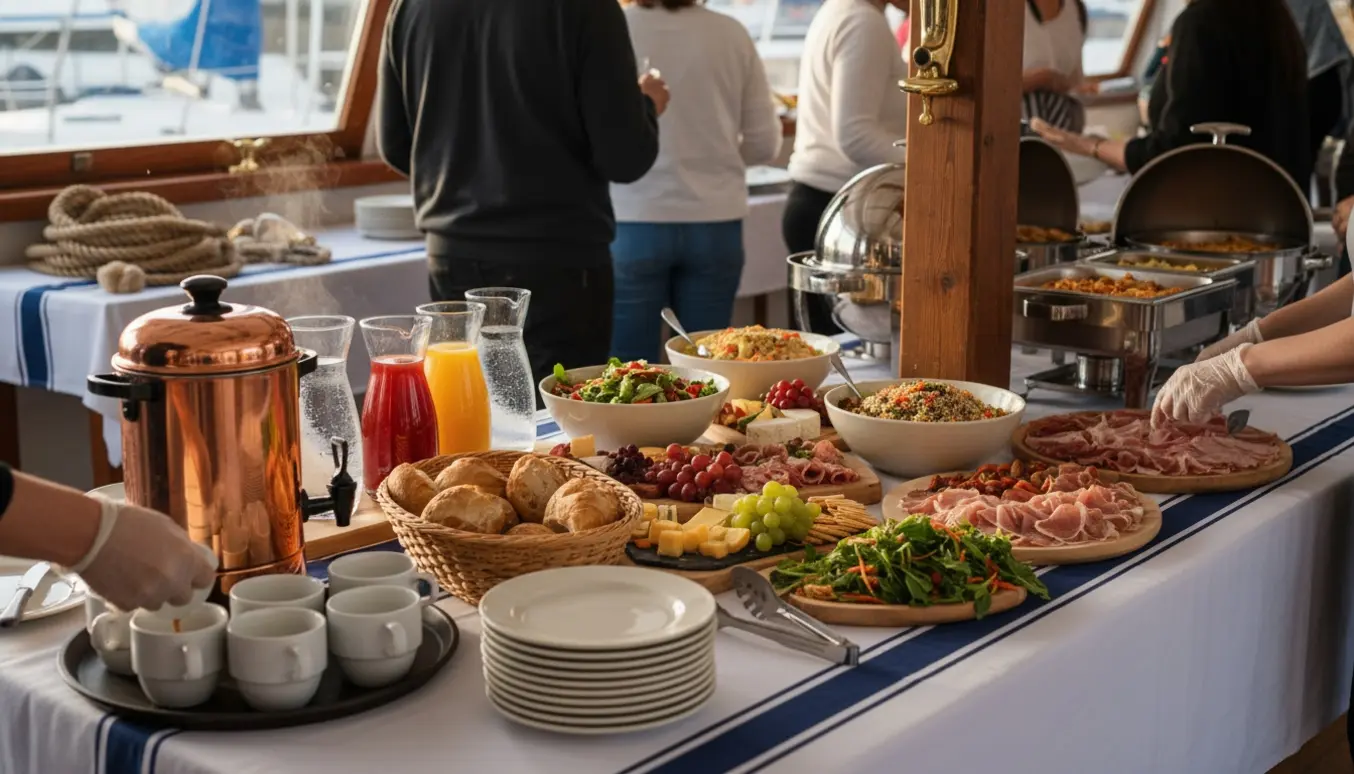 En køkkenhjælp fylder en buffet op og laver kaffe ved et hyggeligt fødselsdagsbord i en bådklub.