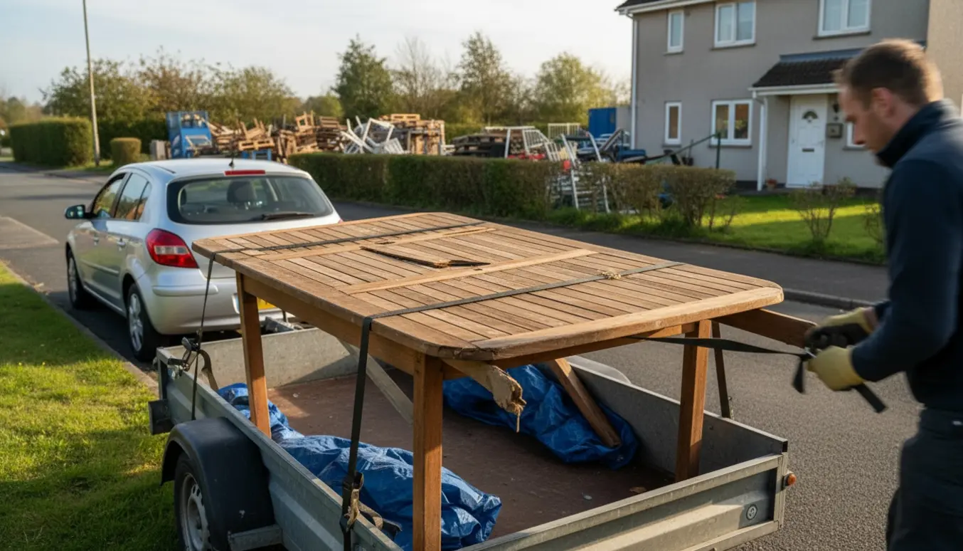 Et defekt havebord med udtræksplade fastgjort i en trailer på vej til lossepladsen.