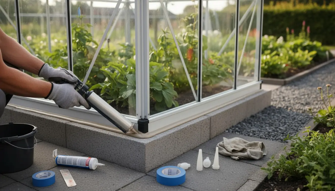 Nærbillede af en håndværker, der fuge soklen på et hvidt drivhus med fugepistol i en solrig have.