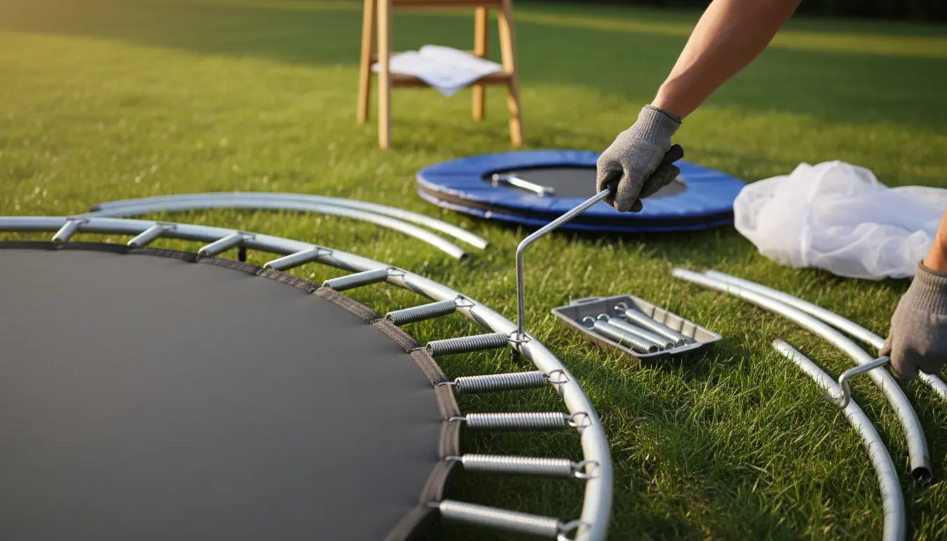 Hænder monterer fjedre på en trampolins ramme i en baghave.