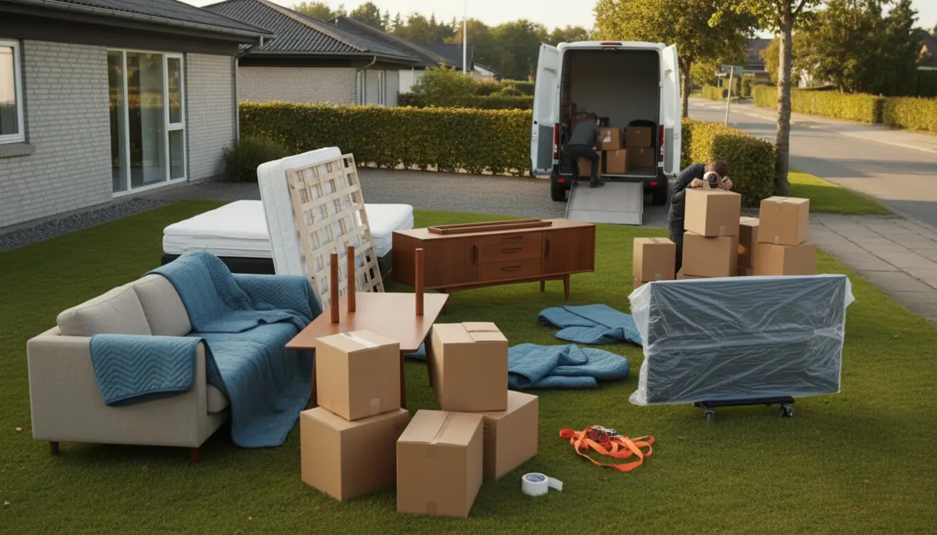 Flyttescene med sofa, dobbeltseng, spisebord, stor skænk og stablede flyttekasser ved en varevogn på en stille villavej.