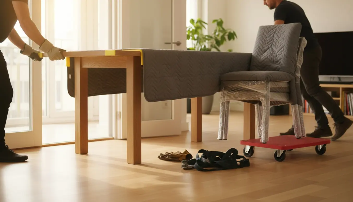 To personer flytter et spisebord gennem en lys lejlighed, bordet er delvist indpakket i flyttetæpper og stole er stablet ved siden af.