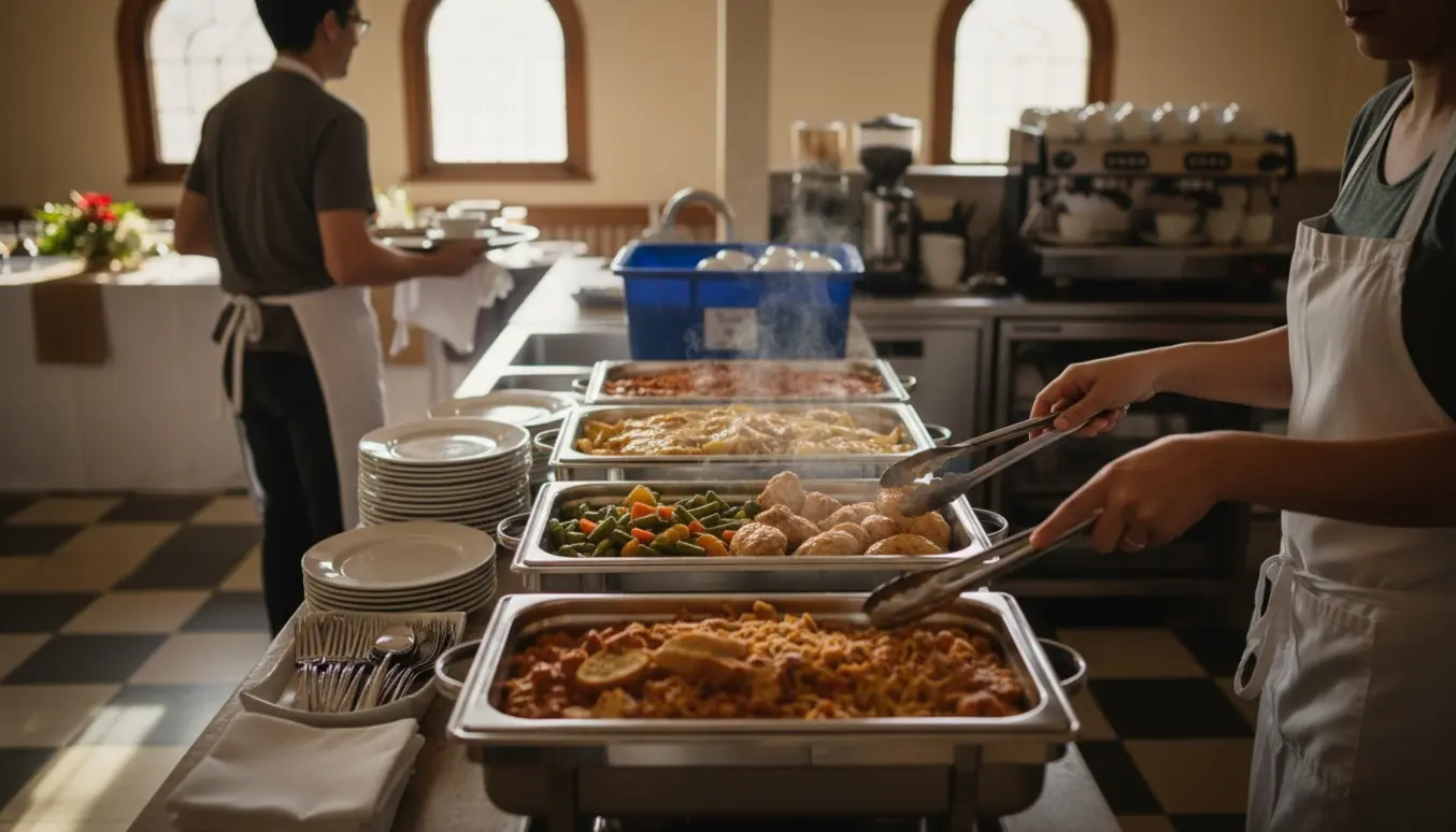 Frivillig fylder op ved konfirmationsbuffet, rydder borde og laver kaffe i et lyst køkken.