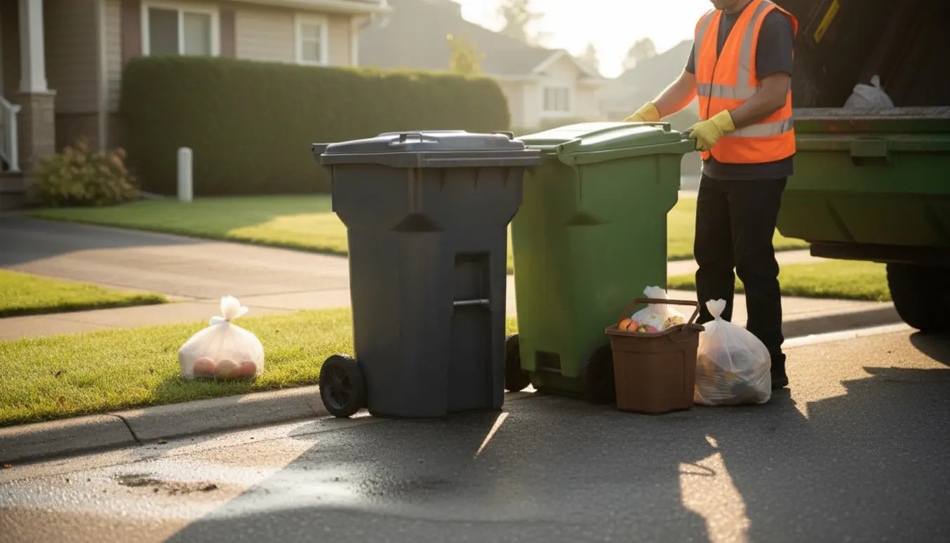 To skraldespande til rest- og madaffald ved indkørselen, mens en renovationsarbejder tømmes den ene med ryggen til.