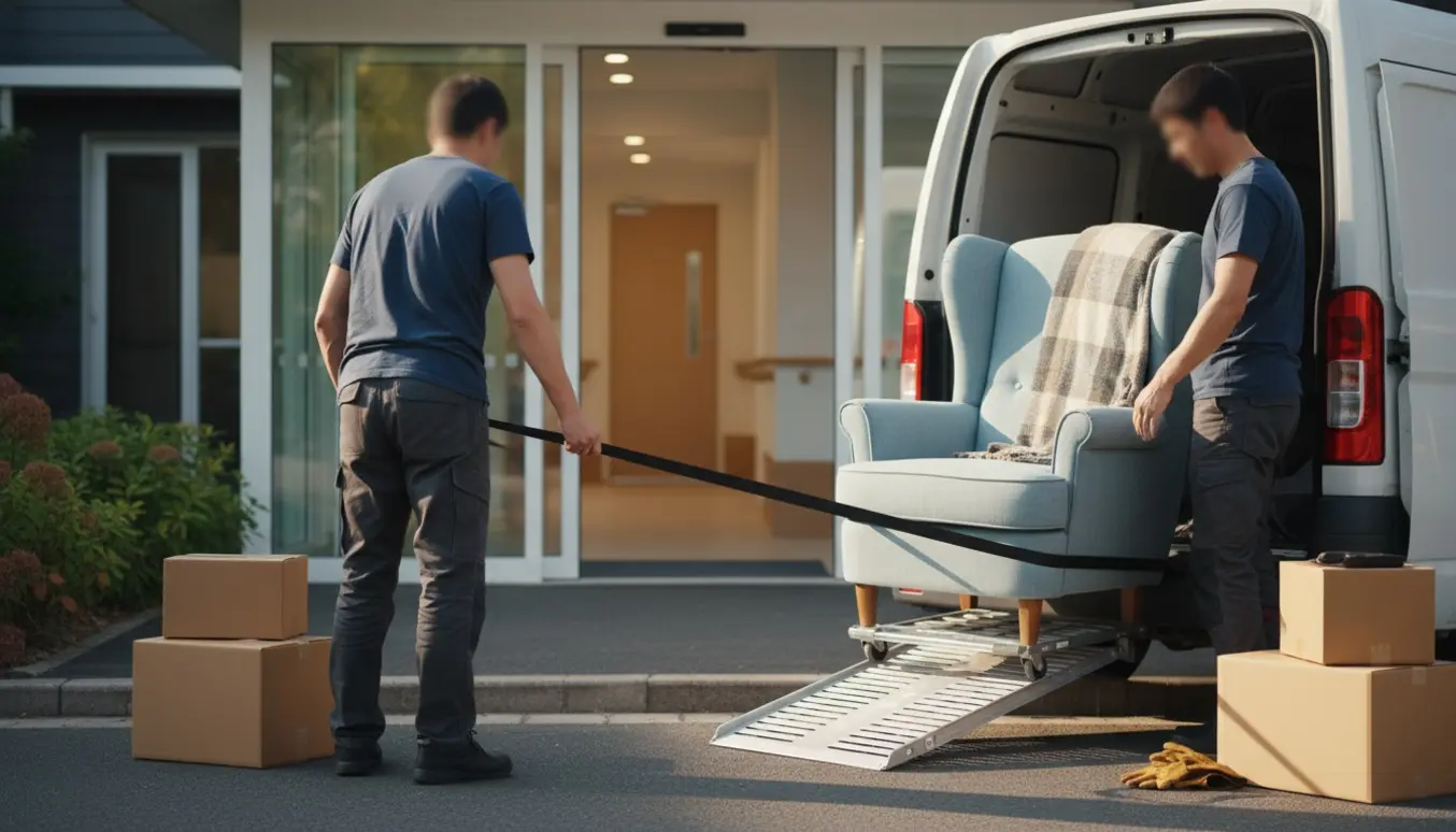 To personer læsser en lænestol og flyttekasser ind i en lille flyttebil udenfor et plejehjem.