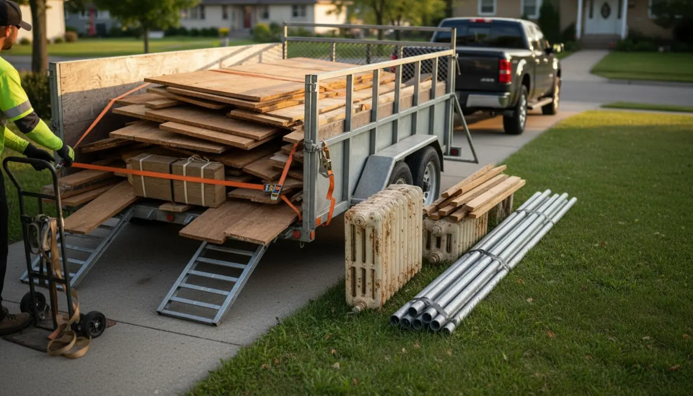 Trailer lastet med nedtagne trægulvbrædder, strøer og radiatorer på græs klar til afhentning.